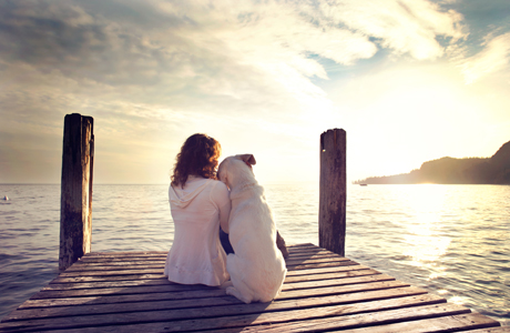 woman with dog sitting near the lake